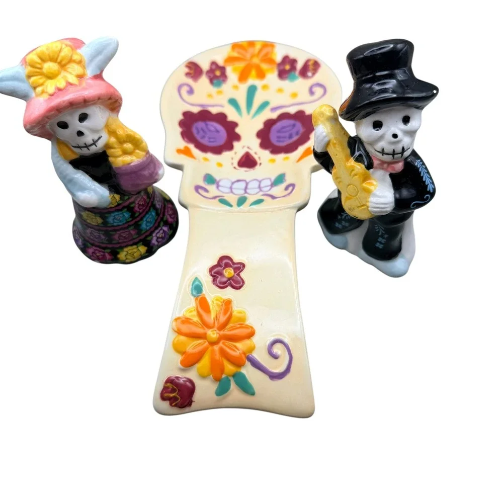 Day of the Dead Sugar Skull Spoon Rest and Calavera Salt Pepper Shaker Set 3pc
